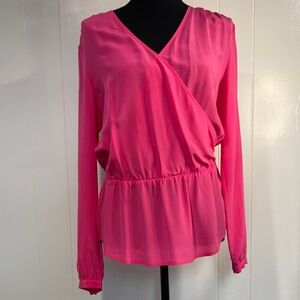 Ann Taylor Silk Blouse Wrap Long Sleeve Peplum Silk Jewel Tone Hot Pink Small